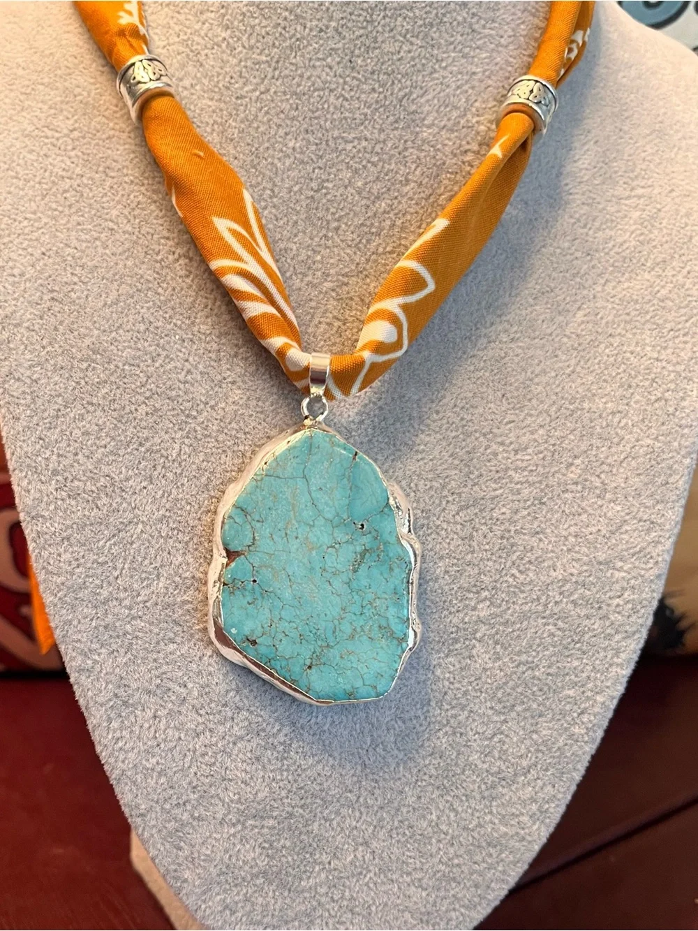 Boho, Festival Concert Turquoise “Dandelion” Bandana Scarf on Terracotta Bandana